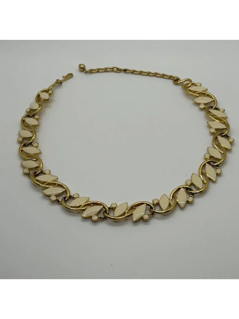 Vintage Trifari Enamel Choker Necklace Gold Tone Leaf Cream 1980s Statement